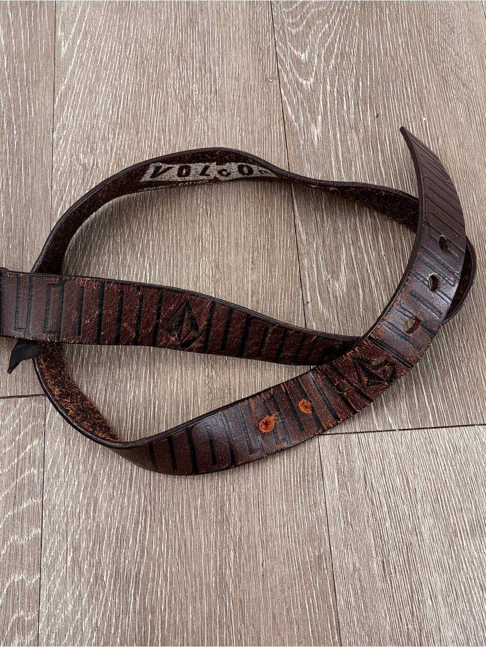 Volcom Men's Dark Brown Leather Belt with Embossed Stripes
